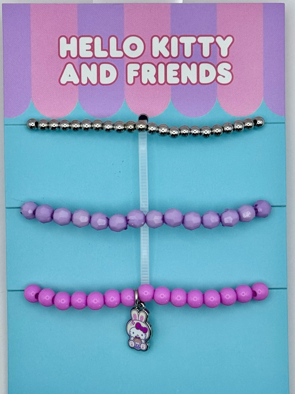 Hello Kitty Pastel Beaded Bracelet Trio - Lavender, Pink & Silver
